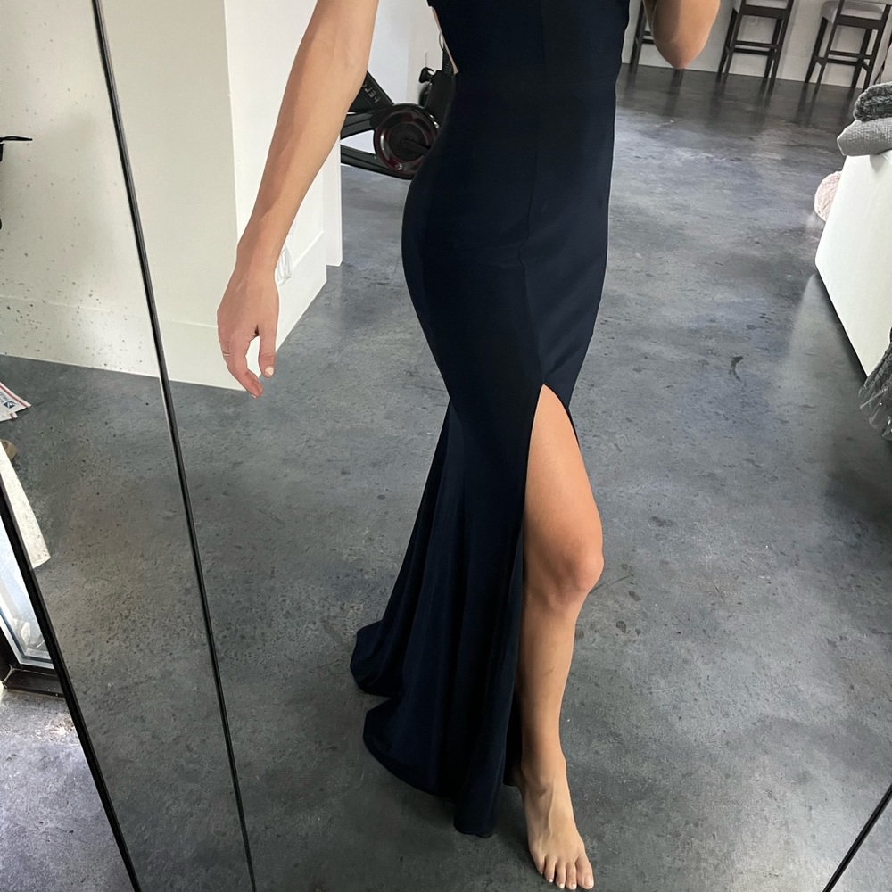 Sherri Hill Dress Maxi Gown w/ cutout back & front slit navy blue size 4